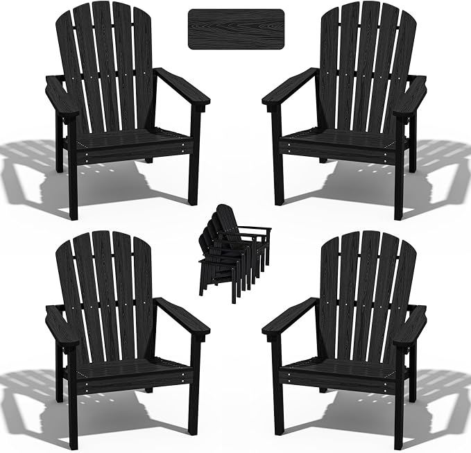 nevilywood Compact Stackable Adirondack Chairs Set of 4,HDPE,380lbs,Black | 26.3" Wide HDPE.All-Weather Outdoor.Maintenance-Free.Stackable for Storage.25°Curved Straight Backrest.Quick Assembly