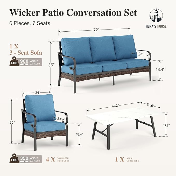 HERA'S HOUSE 6 Piece Metal Patio Furniture Set, All Weather Outdoor Conversation Set with 3-Seat Sofa, 4 Fixed Chairs & Coffee Table, 7 Seats for Backyard, Garden, Deck, Navy Blue