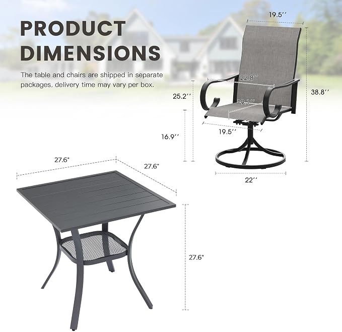 3 Pieces Patio Dining Set, 2 Outdoor Swivel Dining Chairs with 28" Square Outdoor Dining Table, All Weather Textilene Patio Chairs and Metal Table for Garden Backyard, Grey & Dark Grey