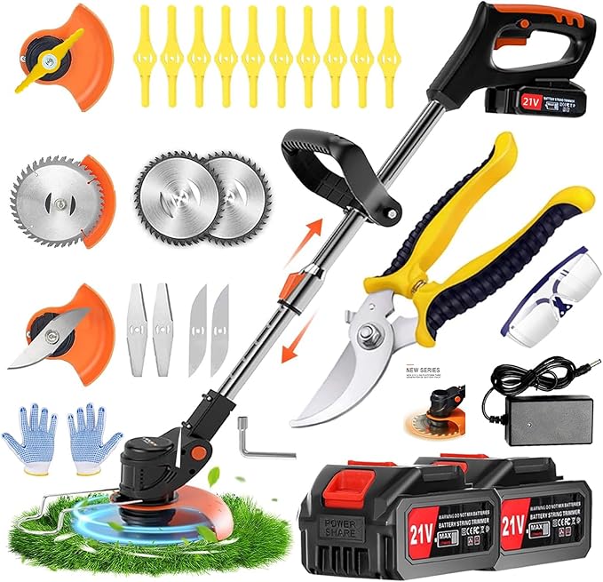 Weed Wacker，Electric Weed wackers with 2pcs 21V Batteries, Cordless Weed Wacker with 3 Different Types of Blades, String Trimmer, Weed Eater Battery Operated Suitable for Lawn, Garden and Villa