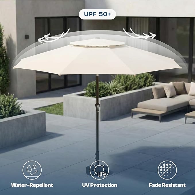 Patio Umbrella, 2 Tier Outdoor Table Umbrella, Large Vented Market Umbrellas with Push Button Tilt and Crank, 8 Sturdy Ribs for Backyard, Deck, Pool, UPF50+ UV Protection