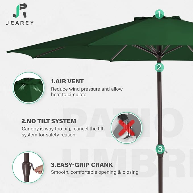 JEAREY 12' Patio Umbrellas Outdoor Table Market Umbrella w/Crank, 8 Sturdy Ribs, UV Protection Windproof for Garden, Deck, Backyard (Green)
