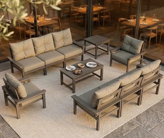 Grey HDPE Outdoor Patio Furniture Set, 6-Piece Patio Conversation Sets with Coffee Table & Side Table & Washable Thick Cushions, Outdoor Sofa for Balcony, Porch, Poolside