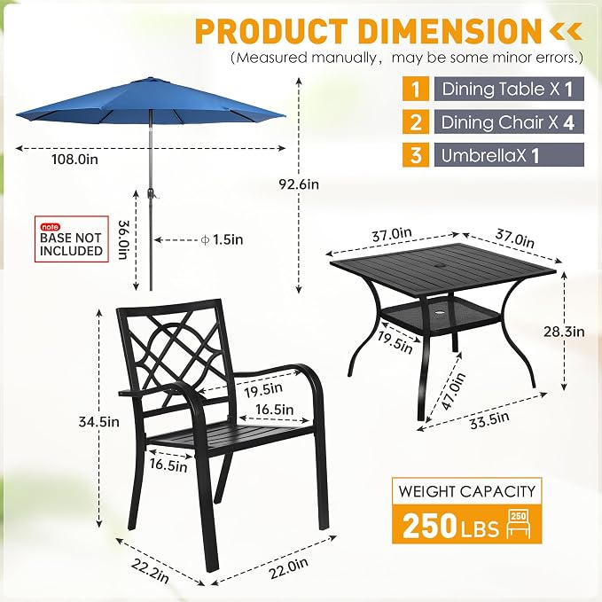 SUNCROWN 6-Piece Outdoor Wrought Iron Chairs and Table Patio Dining Furniture Set - 4 Stackable Metal Chairs, 1 Steel Slat Bistro Table and 1 Dark Blue 9Ft Patio Umbrella for Garden Backyard Deck