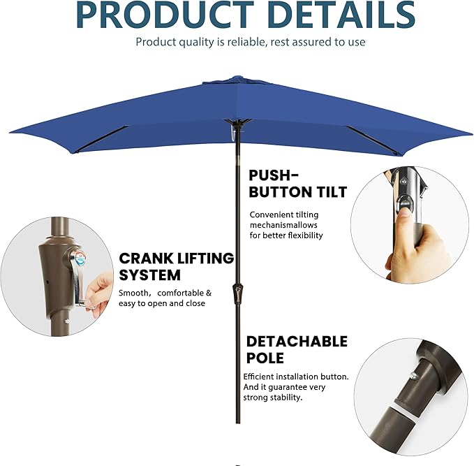 6.5x10FT Rectangular Patio Umbrella with Push Button Tilt & Crank Lift for Garden,UV Protection Outdoor Umbrella for Deck,Pool and Yard,Blue