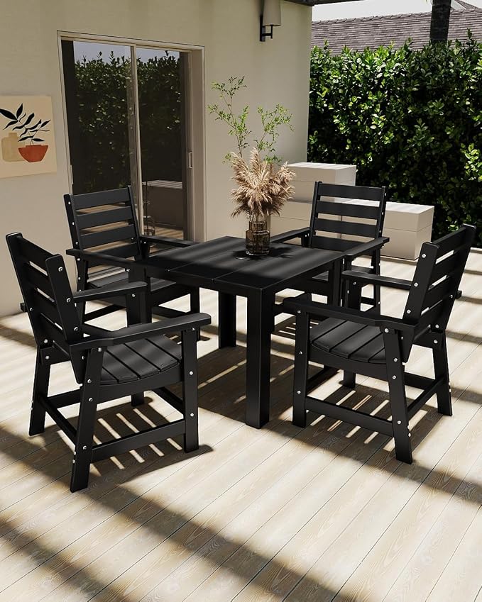 GREENVINES 5-Piece-Outdoor-Dining-Set | HDPE | Square | Patio Furniture | Table and Chairs Sets for 4 | All Weather | Umbrella Hole | for Backyard Poolside Garden | QuadraLuxe | Black
