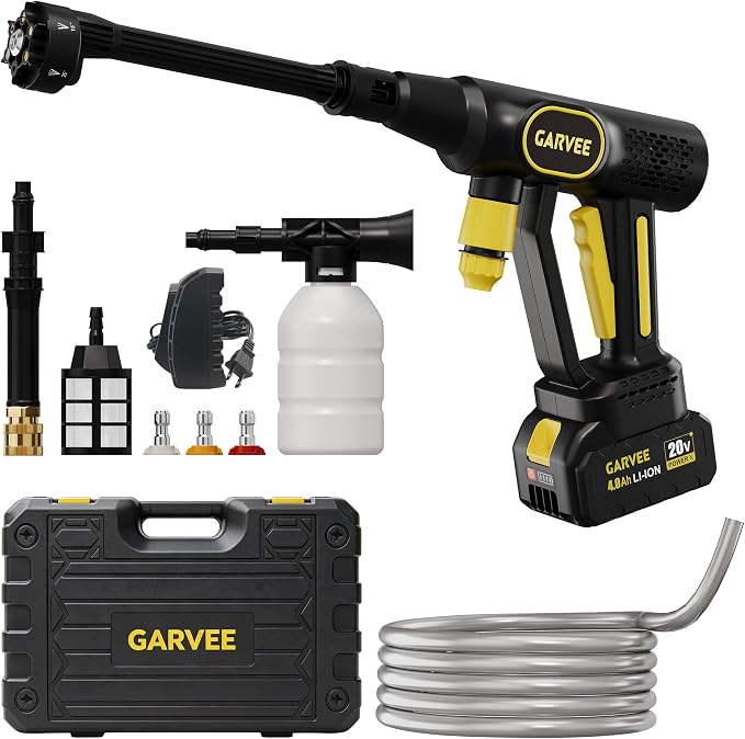 Garvee Cordless Pressure Washer 20V, 320 PSI Brushless Portable Power Washer with 6-in-1 Nozzle, Foam Cannon, 26ft Hose, Battery & Charger