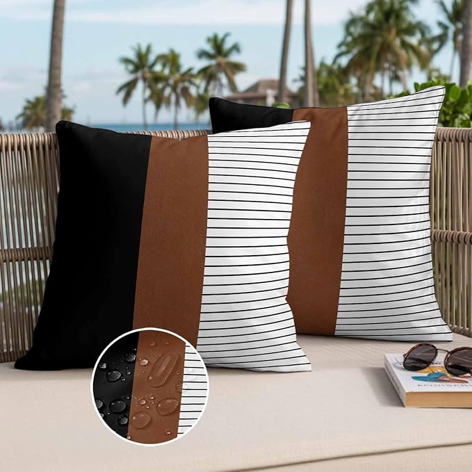 Waterproof Pillow Covers Set of 2 18x18 Inch Brown Black Lines Outdoor Cushion Covers Boho Style Decorative Pillow Cases for Patio, Sofa, Couch, Garden, Balcony