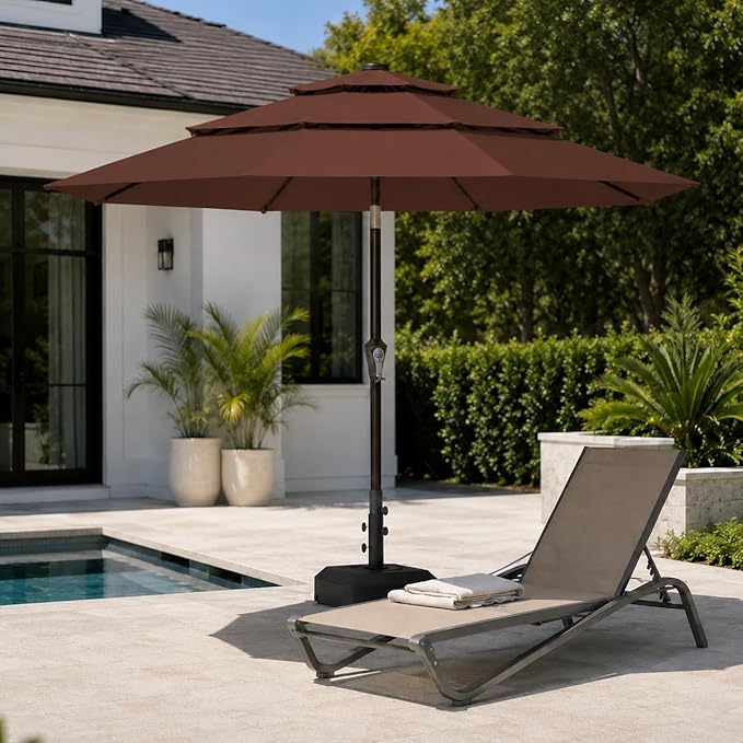 10ft Patio Umbrella, 3-Tier Vented Outdoor Table Umbrella with 8 Sturdy Fiberglass Ribs, Windproof Market Umbrella with Push Button Tilt and Crank, UV Protection for Deck, Pool, Brown
