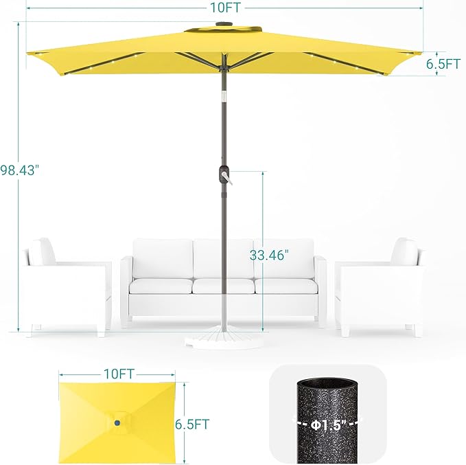 Rectangle Patio Umbrella with Solar Lights, 10 x 6.5ft Rectangular Outdoor Umbrella Table Market Patio Umbrella with Push Button Tilt and Crank for Garden, Deck, Backyard, Pool