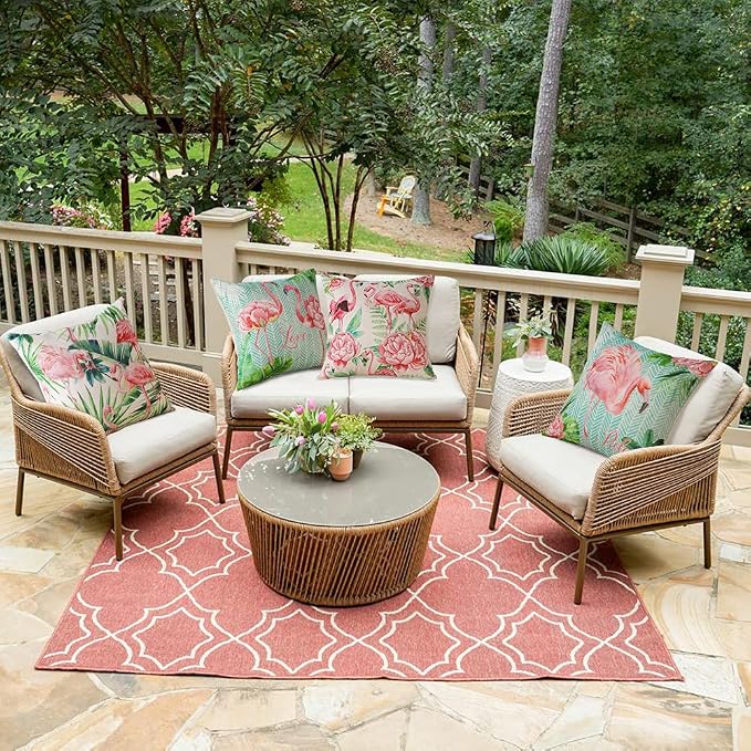 Artscope Set of 4 Waterproof Throw Pillow Covers 18x18 Inches, Flamingo and Pink Flowers Pattern Decorative Cushion Covers, Perfect to Outdoor Patio Garden Living Room Sofa Farmhouse Decor