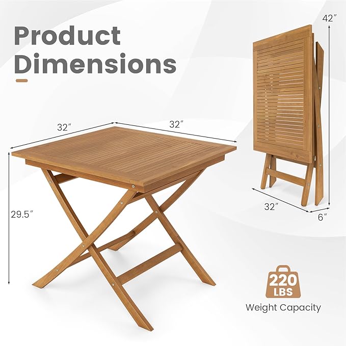 Tangkula Teak Wood Folding Outdoor Table, 32-Inch Square Patio Dining Table for 4, Collapsible Outside Bistro Table with Sturdy X-Frame for Deck, Balcony, Yard, Poolside & Porch