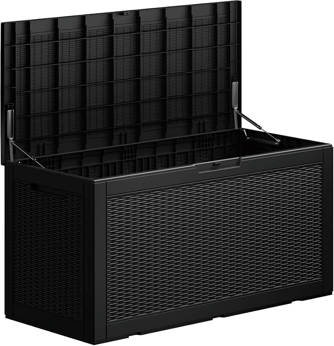 TARKARI 100 Gallon Outdoor Storage Box Waterproof, Resin Deck Boxes with Lockable Lid & UV-Resistant for Patio, Pool Accessories, Garden & Furniture Cushions, Black