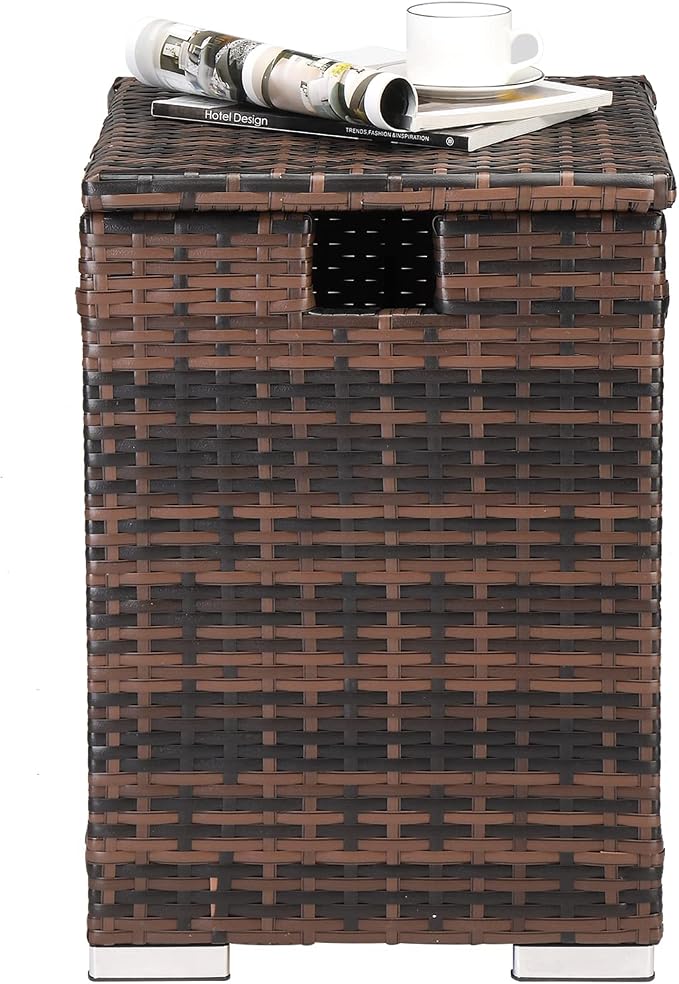 22.4in Outdoor Rattan Side Tables,Iron Frame Gas Bottle Storage Bin,Waterproof Patio Coffee Side Tables,All-Weather PE Wicker End Table,with Lid,for Garden Porch Poolside Deck Backyard (Brown)