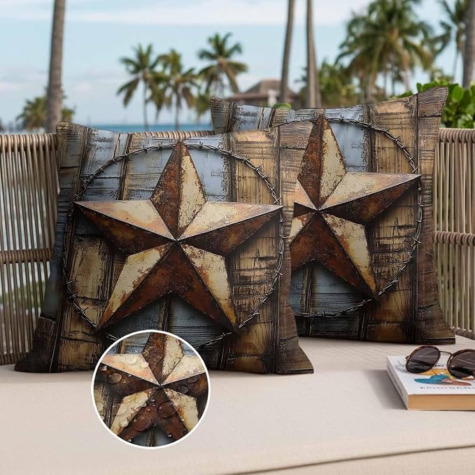 Rustic Star Brown Waterproof Outdoor Pillow Covers Set of 2 Home Decor, Vintage Farmhouse Wooden Grain Art Pillowcase Patio Pillow Covers for Couch Bench Furniture Garden 26x26in