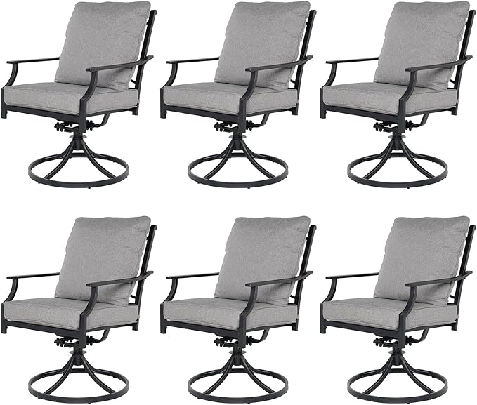 Grand patio Dining Chairs Set of 6，Outdoor Swivel Patio Dining Chairs Set of 6，Swivel Rocker Dining Chair，Outdoor Dining Chairs with Grey Cushions, Patio Chairs for Outside, Garden Lawn Porch