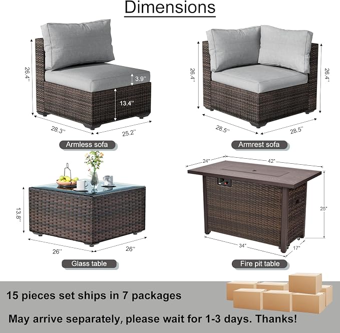 Patio Furniture Set, 15 Pieces Outdoor Sectional Patio Furniture Set with 42" Fire Pit Table, Rattan Wicker Sofa Set for Garden Backyard Deck Poolside, Grey