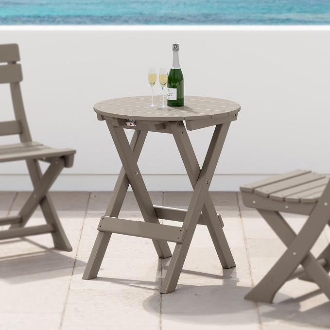 WestinTrends Malibu HDPE Outdoor 24.5 Inch Round Portable Folding Patio Dining Table, Weathered Wood