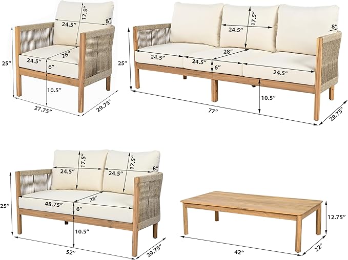Christopher Knight Home Havets 5 Pieces Outdoor Acacia Furniture Set, Woven Rope Loveseat and Accent Club Chairs, 6" Thick Cushions Sofa and Coffee Table Set for Backyard Garden Balcony, Teak+Beige