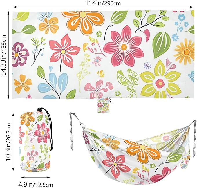Fresh Spring Simple Colorful Flowers 330lb Capacity Outdoor Hammock with Portabl Carry Bag Backyard Hammock for Outside Patio Backyard Poolside hamacas para adultos