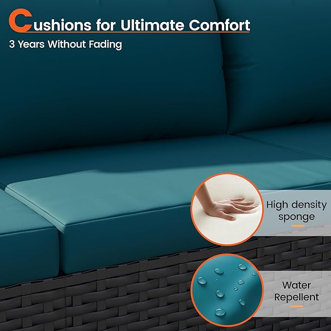 Patio Furniture Set, 7-Piece Outdoor Sectional All-Weather Wicker Patio Conversation Set for Backyard, Garden, Peacock Blue