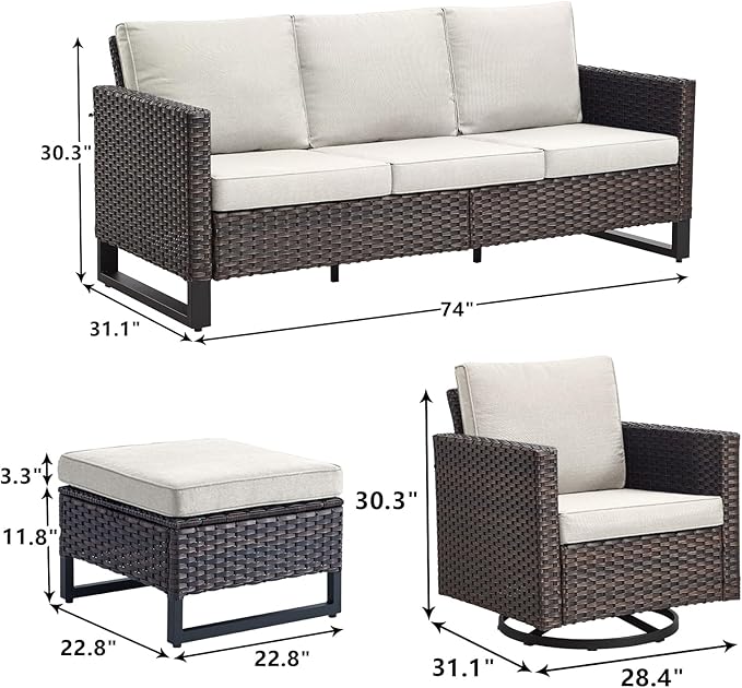 Rilyson Wicker Outdoor Patio Furniture Set - 5 Piece Patio Conversation Set with 2 Swivel Rocker Chairs,2 Rattan Ottoman and 1 Couch for Outside Porch Deck Backyard Garden(Brown/Beige)