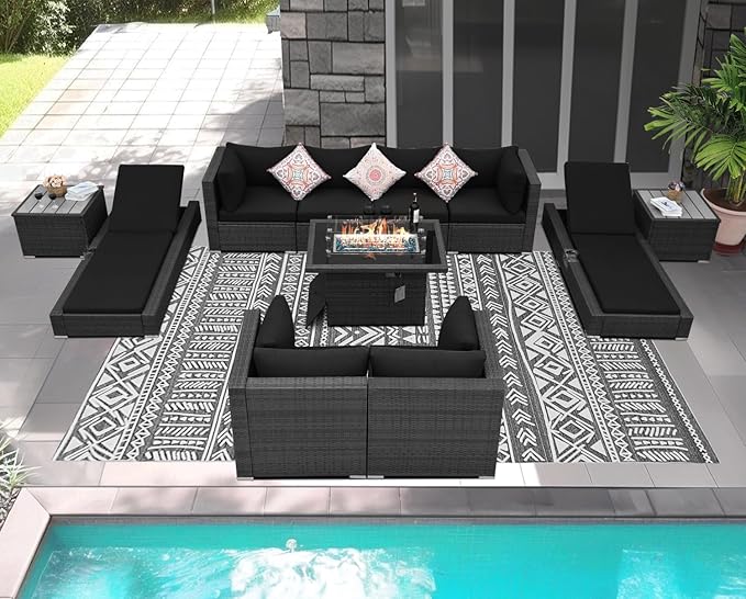 NICESOUL 11 Piece Sectional Patio Set with Loungers, Backyard Seating with Firepit, Comfy 29.3'' High-Back Deep Outdoor Couch Sofa, Heavy Duty All-Weather Wicker Furniture for Exterior, Grey & Black