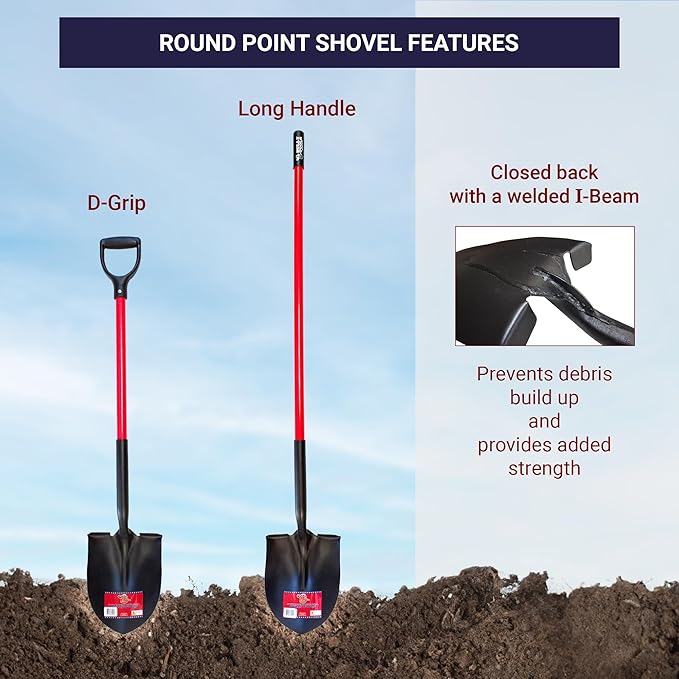 Bully Tools 14-Gauge Round Point Gardening Shovel | Heavy Duty Fiberglass Long Handle | Spade Shovels for Digging, Trenching and Planting | Steel Body Gardening Hand Tools, 100% Made in USA