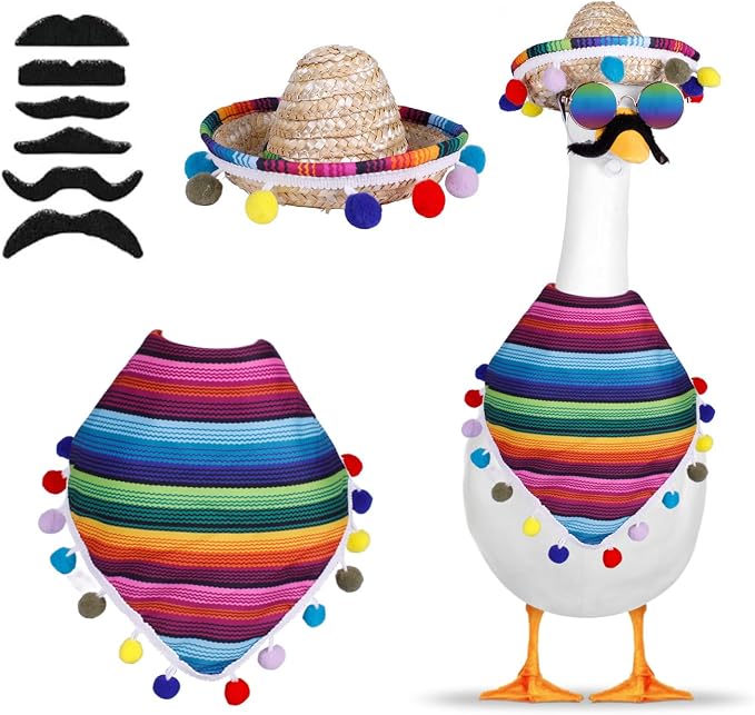 Mexican Porch Goose Outfits, 23" / 17" Lawn Goose Costume, Garden Goose Clothes for Cinco De Mayo, Mexican Sombrero with Bandana Scarf Beard Glasses for Yard Decor