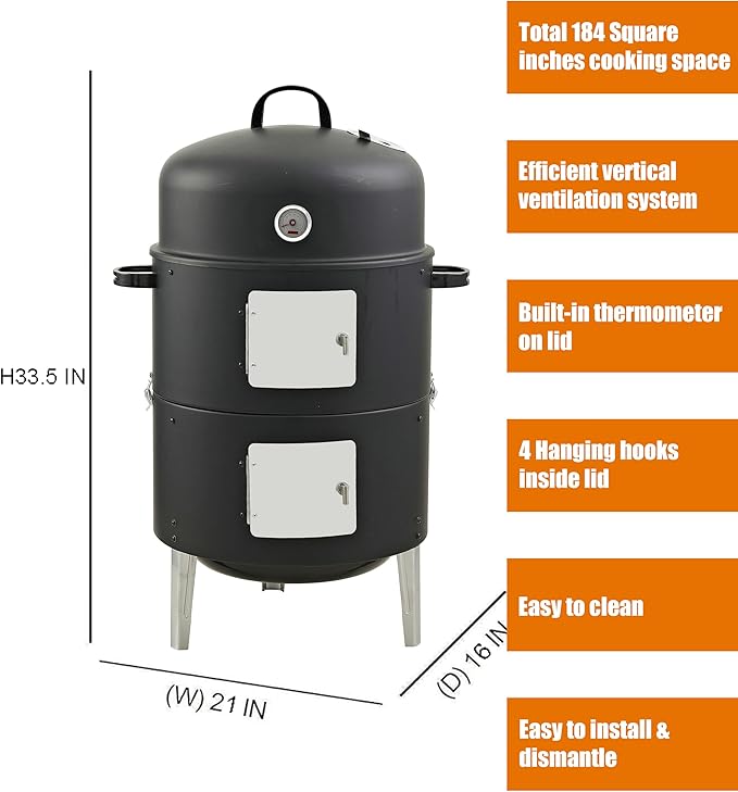16" BBQ Smoker Grill Built in Thermometer, Air Vent and Two more biger Access Doors, Multi-Layer Meat Smoker Grill with 3 Heat-resistant Handles, Ideal for Outdoor Cooking, Camping, BBQ