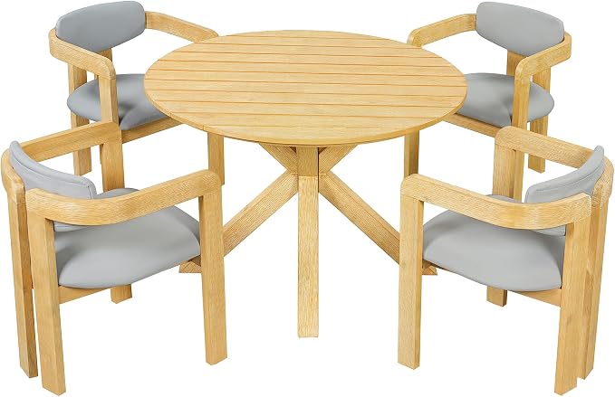 Christopher Knight Home Katy Modern 5 Piece Outdoor Dining Set, Round Dining Table Set for 4 with Chairs, Acacia Wood Patio Furniture Set with Barrel Chairs and Seat & Back Cushions, Grey+Natural