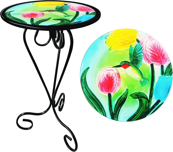 Tulip Hummingbird Side Table with Glass Top & Metal Base Furniture Decor | Manortang; 12 Inch; Side Table; Glass Top & Metal Base; Living Room Decor; handicrafts; Indoor & Outdoor; Great gift choice