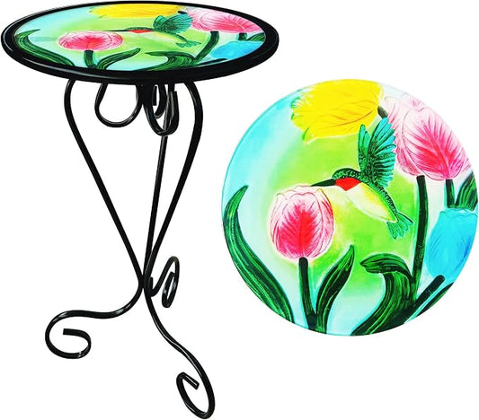 Tulip Hummingbird Side Table with Glass Top & Metal Base Furniture Decor | Manortang; 12 Inch; Side Table; Glass Top & Metal Base; Living Room Decor; handicrafts; Indoor & Outdoor; Great gift choice