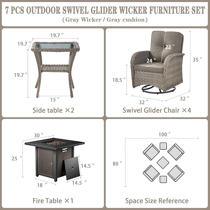 Belord 7 Piece Wicker Patio Furniture Set with 30" Fire Pit Table - Outdoor Swivel Rocker Chairs Set of 4 with Glass Side Tables Set of 2, Patio Conversation Set for Casual Gathering Gray/Gray