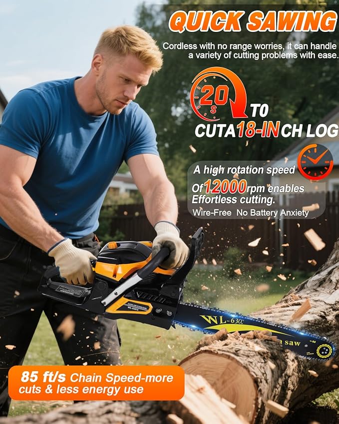 63CC Gas Powered Chainsaw 20 Inch, 2-Cycle Engine with 2 Chains & Bars, Heavy Duty Gas Chain Saw for Tree Felling, Logging, and Firewood Cutting (63CC – Yello)