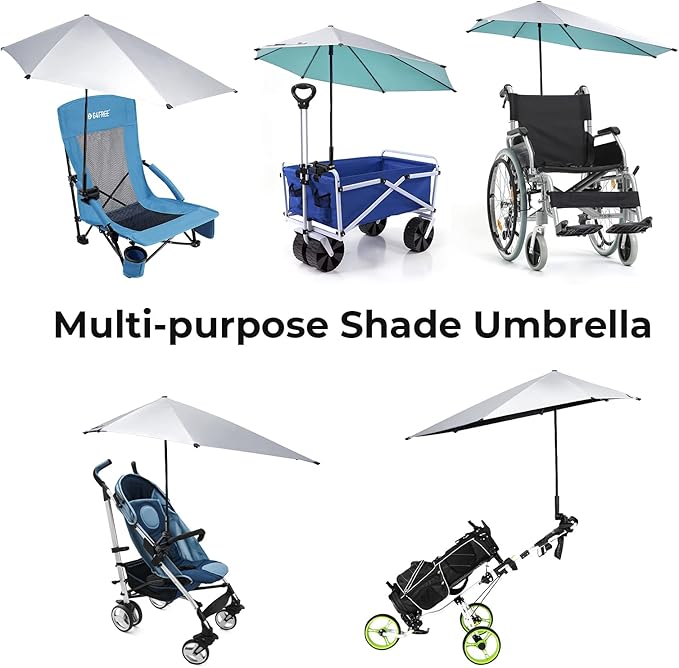 Prospo Adjustable Beach Umbrella with Universal Clamp, Portable UPF 50+ UV Protection Umbrella for Chair, Wheelchair, Golf Cart, Stroller, Bleacher, Patio