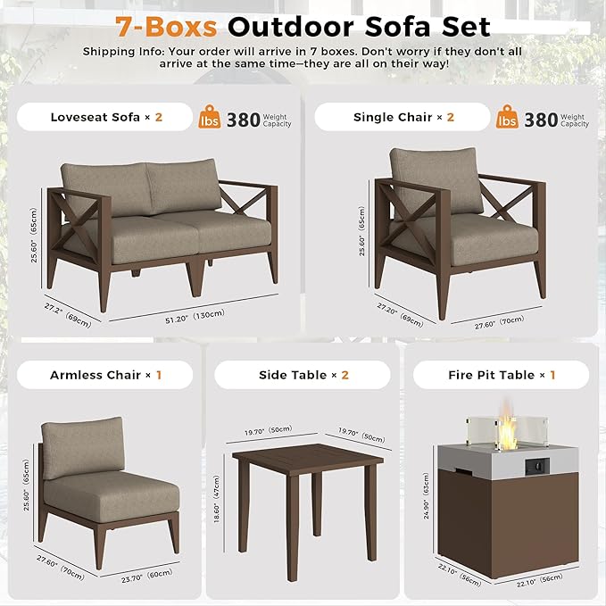 Aluminum Patio Furniture Set with Fire Pit Table,7-Seats Patio Sectional Conversation Sofa with 5.2" All-Weather Cushions and Coffee Table,Furniture Set for Deck, Porch, Garden,Brown
