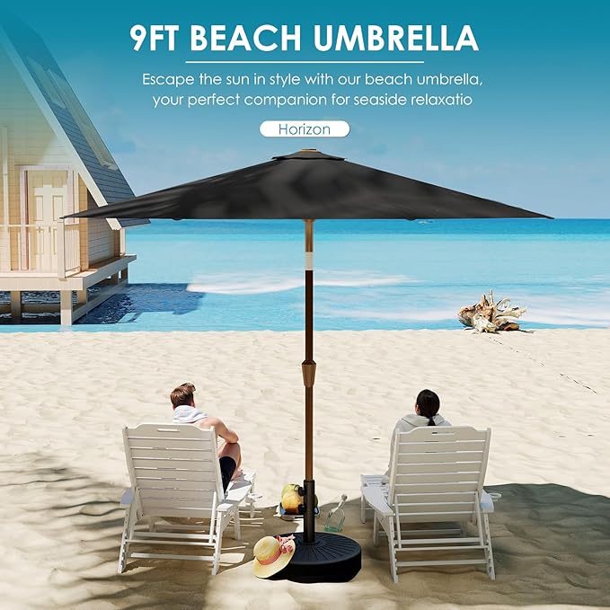 GREENVINES 9-FT-Patio-Umbrella | Outdoor-Table-Umbrellas | 8 Sturdy Fiberglass Ribs | Push Button Tilt & Crank | Waterproof | Market Umbrella | for Pool Backyard Garden Deck | Black