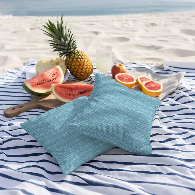 Outdoor Waterproof Throw Pillow Covers Set of 2 Teal Stripes Grain Pillowcases 20x20 Inches Solid Color Decorative Pillows Cushion Case Patio Pillows for Couch Bed Chair Garden
