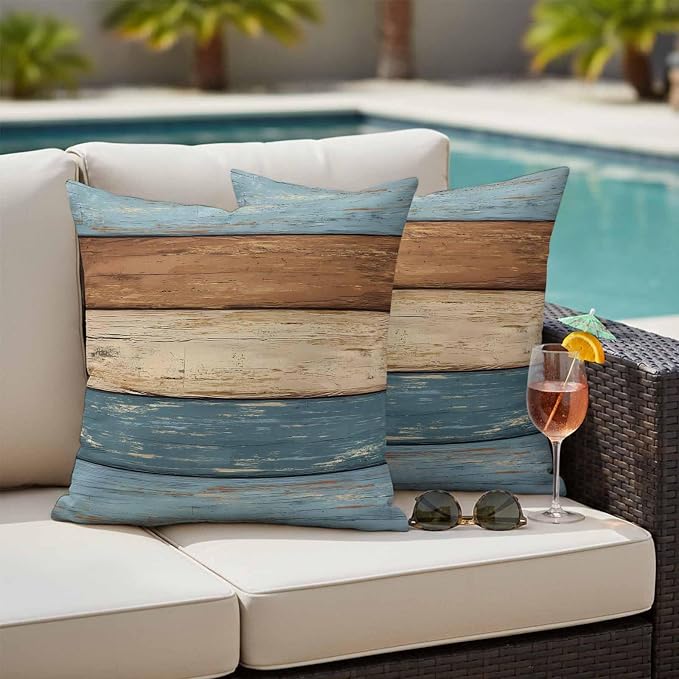 Farmhouse Blue Brown Outdoor Waterproof Pillow Covers, Vintage Wooden Striped Decorative Square Throw Pillowcase Sofa Cushion Sham for Patio/Couch/Chair, 20"x20" 2 Pack