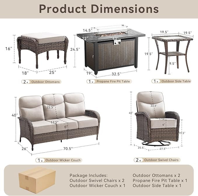 Luxury Patio Furniture Set with 42.5" Fire Pit Table, 6-Inch Thick Cushions Wicker Outdoor Furniture with Wicker Swivel Patio Chairs Set of 2, Patio Conversation Set for Deck Garden Porch, Beige