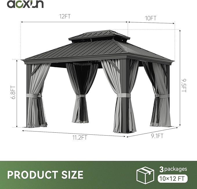 Aoxun 10' x 12' Outdoor Gazebo for Backyard, Hardtop Aluminum Gazebo with Metal Steel Double Roof, Pavilion with Netting and Curtains for Patio Deck Garden, Grey