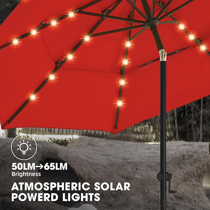 wikiwiki 9FT 3Tiers Solar Led Patio Umbrella, Sturdy Outdoor Market Umbrella for Deck, Pool, Garden w/Tilt, Crank, 32 LED Lights, Red