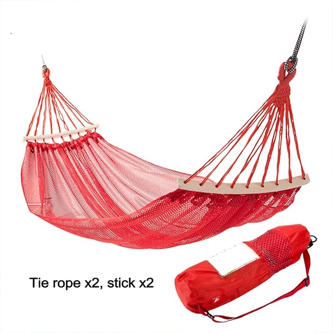 Camping Hammock Outdoor, Portable Lightweight Hammock with Rope, 2 Person Soft Mesh Hammock with Wooden Stick, for Camping Beach Garden (Color : Red, Size : 260x120cm)
