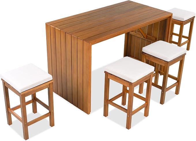 5 Piece Outdoor Bar Set, Patio Acacia Wood Bar Height Table & Four Stools with Cushions for Backyard, Poolside, Balcony (Beige+Natural)