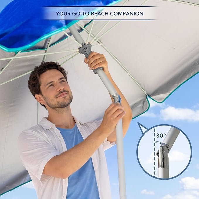 AMMSUN Beach Umbrella with Sand Anchor, 6.5 ft Heavy Duty Portable UV 50+ Protection for Sand, Beach, Patio, Garden and Outdoor with Carry Bag (Solid Blue)