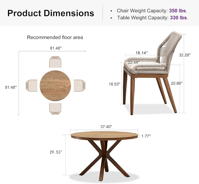 PURPLE LEAF 5 Pieces Round Dining Set Patio Aluminum Modern Round Table and Wicker Chairs with Cushions for Kitchen Porch Garden Outdoor Furniture Sets