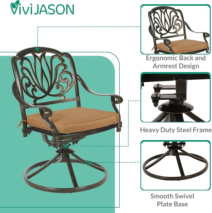 VIVIJASON 9-Piece Outdoor Furniture Dining Set for 8, All-Weather Cast Aluminum Patio Table and Chairs Set with 8 Swivel Rocker Chairs, 64" Large Square Dining Table with 2.2" Umbrella Hole, Khaki