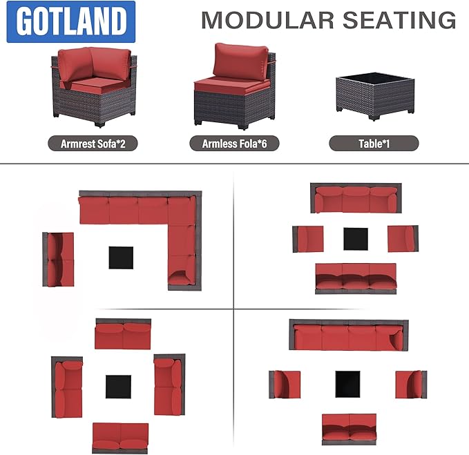 Gotland 9 Pieces Patio Furniture Set with 29.5'' High Backrest, All Weather PE Wicker Outdoor Furniture with 4’’ Thickened Cushions Coffee Table, Patio Set for Deck, Garden, Backyard, Red