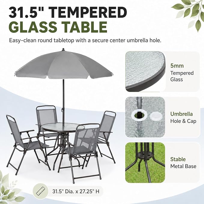 6-Piece Patio Dining Set for 4 with Umbrella, Outdoor Table and Chairs Set with 4 Folding Chairs, Round 31.5" Tempered Glass Table for Garden Backyard Poolside, Gray